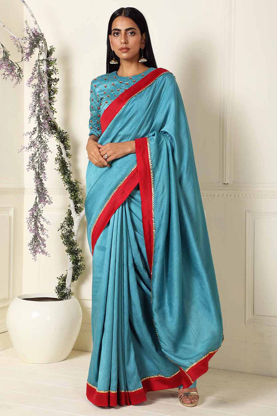 Teal Silk Saree with Blouse with Handembroidery