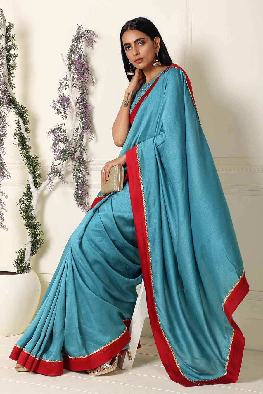 Teal Silk Saree with Blouse with Handembroidery