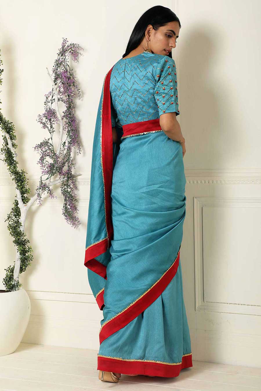 Teal Silk Saree with Blouse with Handembroidery