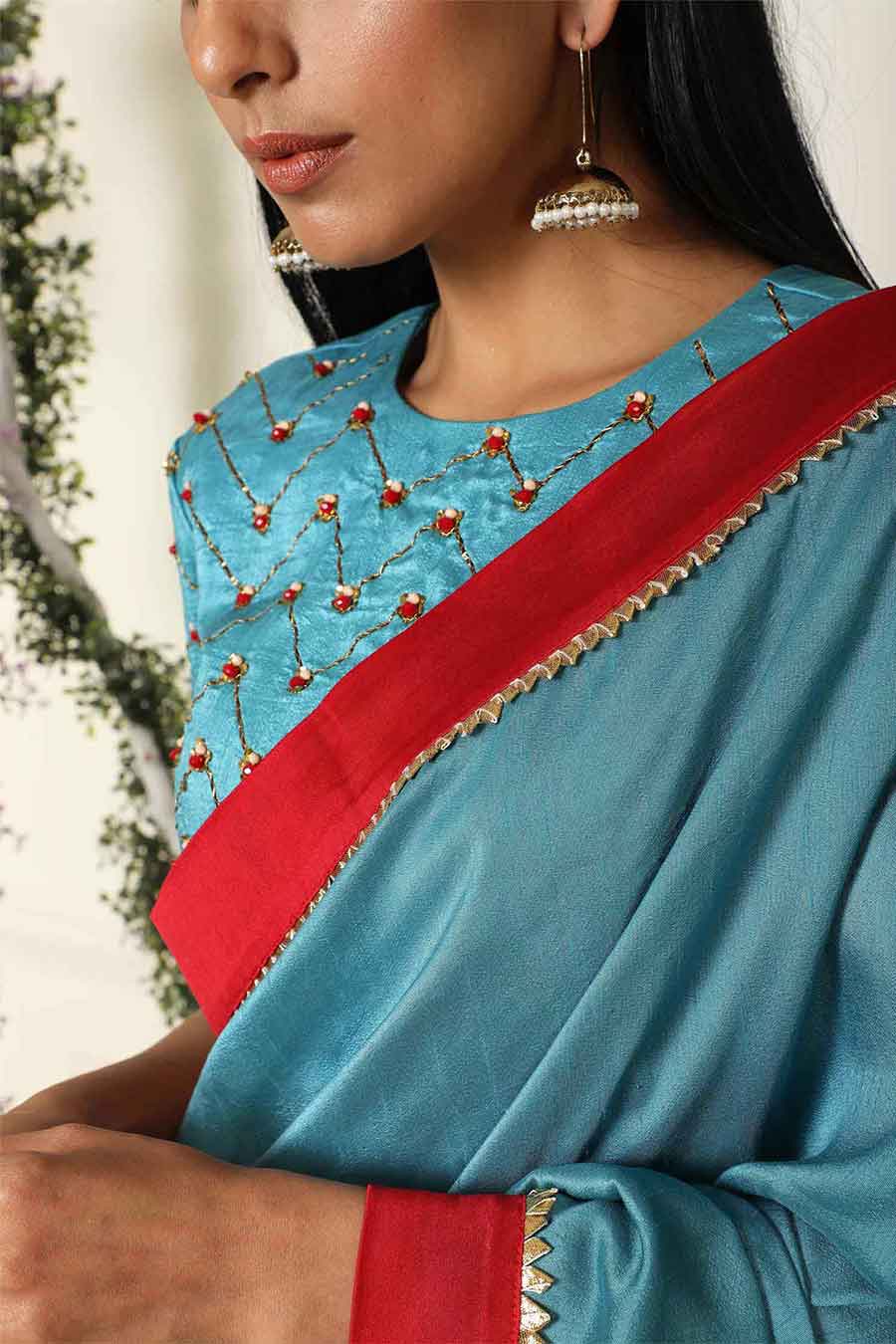 Teal Silk Saree with Blouse with Handembroidery