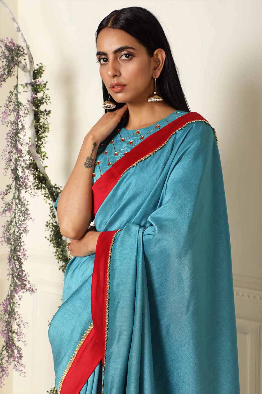 Teal Silk Saree with Blouse with Handembroidery