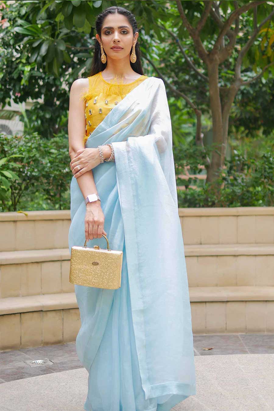 Embroidered Blue Organza Saree with Blouse
