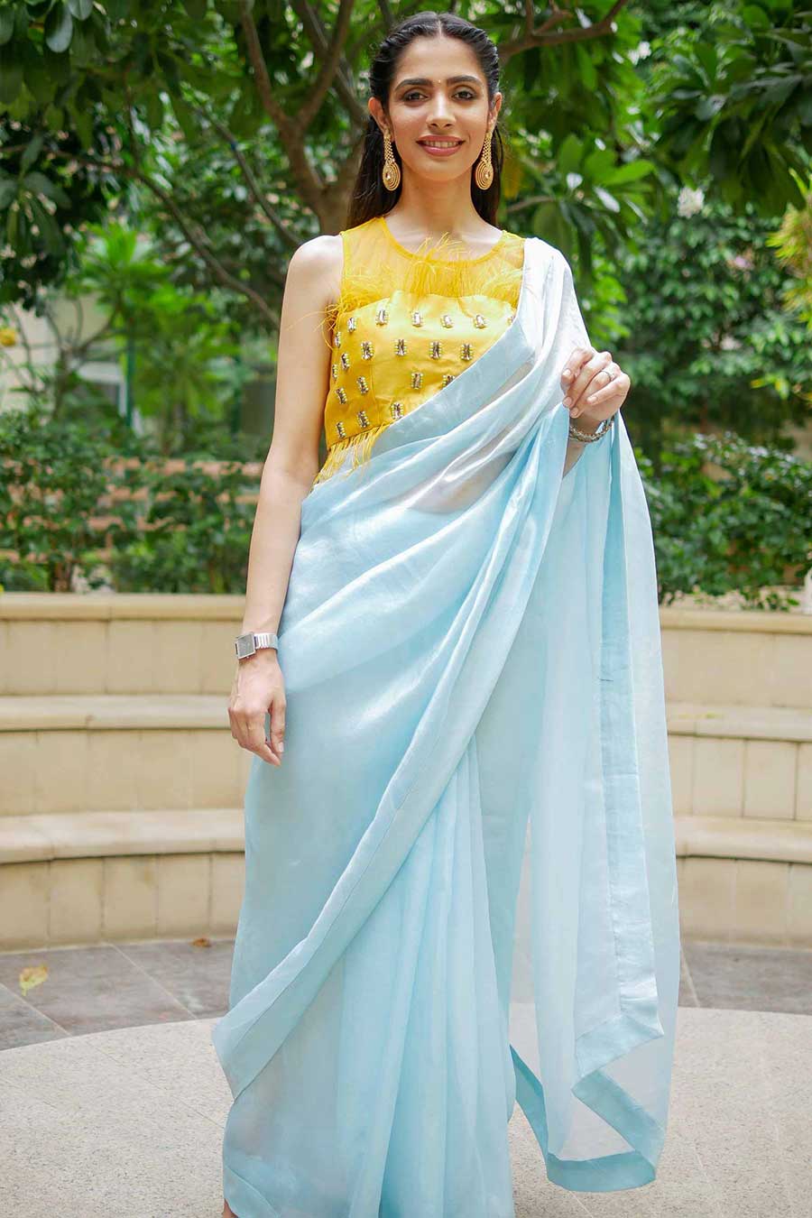 Embroidered Blue Organza Saree with Blouse