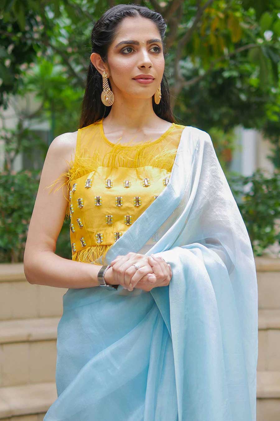 Embroidered Blue Organza Saree with Blouse