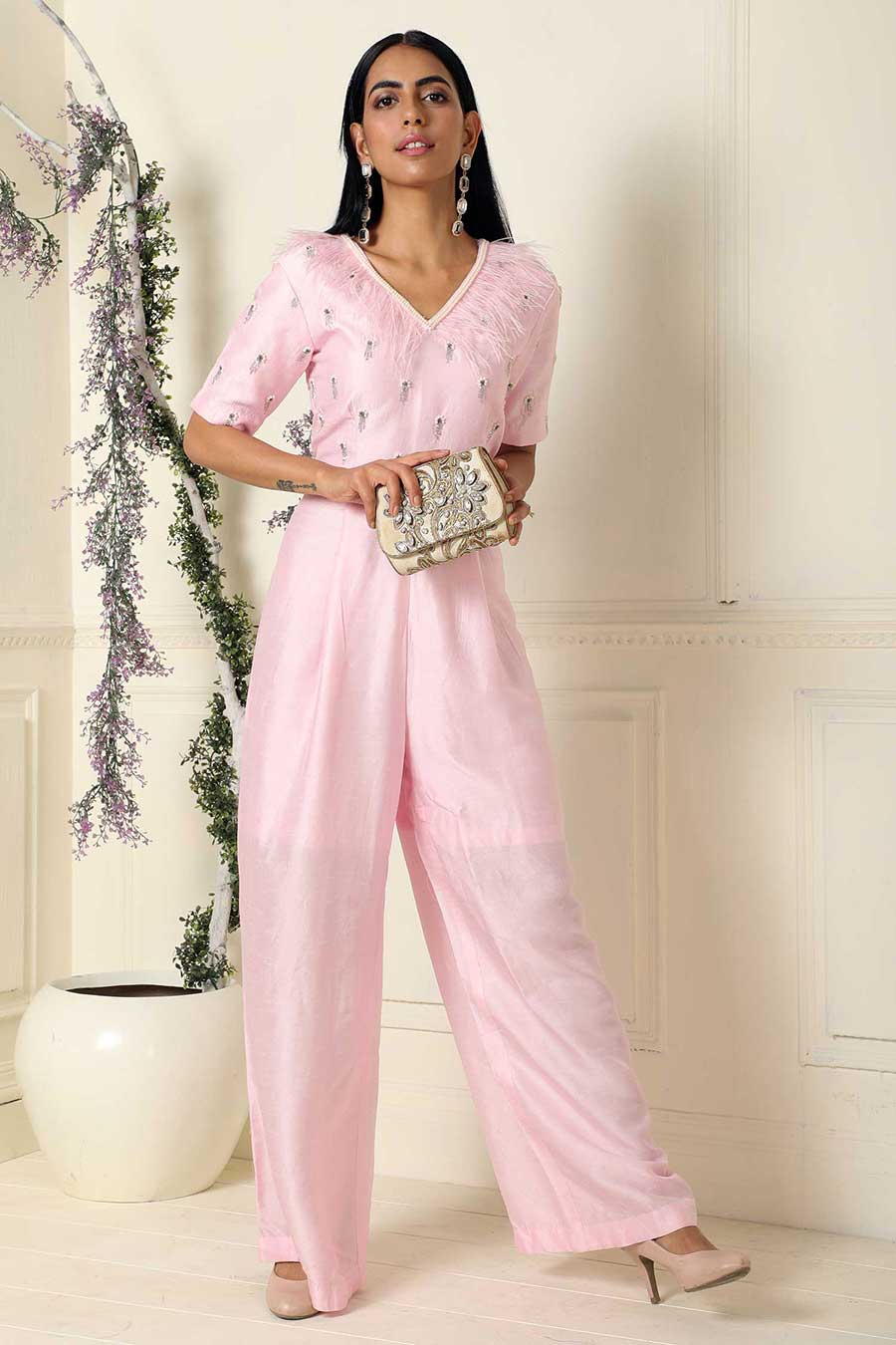 Pink Hand Embroidered Silk Jumpsuit