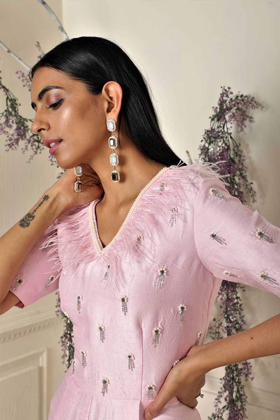Pink Hand Embroidered Silk Jumpsuit