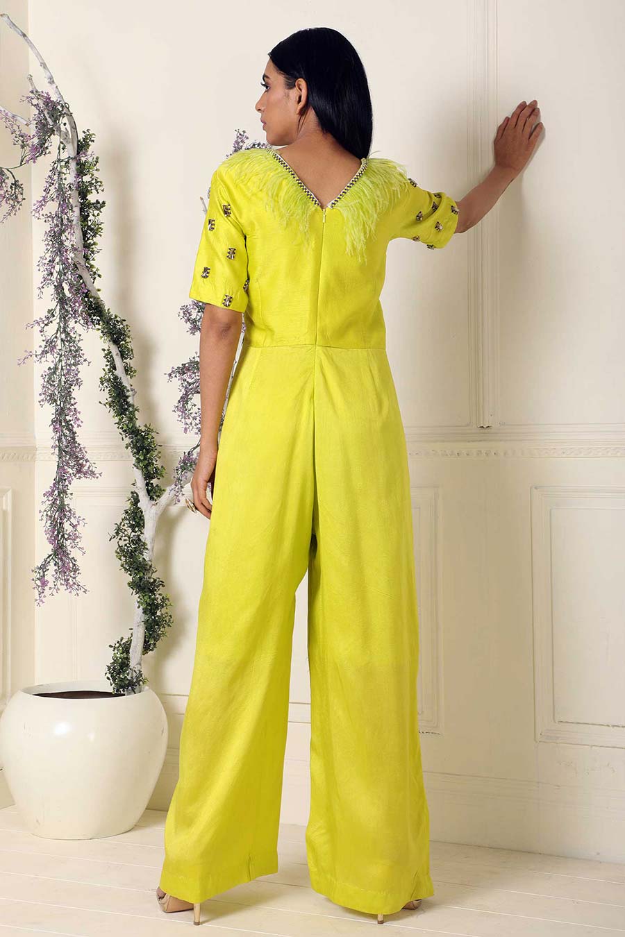 Lime Green Hand Embroidered Silk Jumpsuit