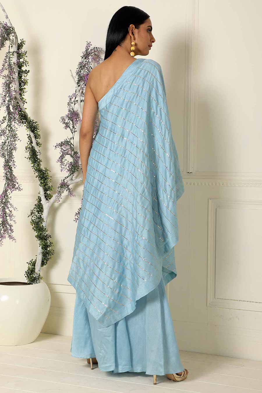 Blue One Shoulder Silk Tunic Palazzo Set