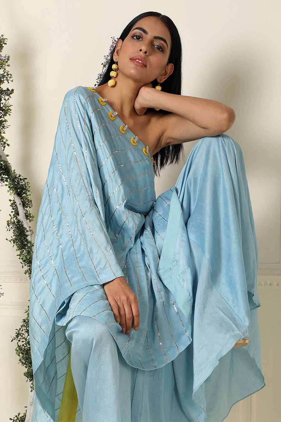 Blue One Shoulder Silk Tunic Palazzo Set