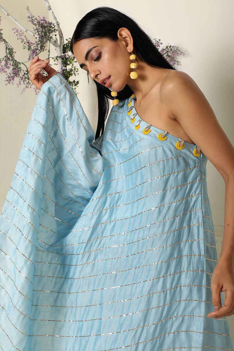 Blue One Shoulder Silk Tunic Palazzo Set