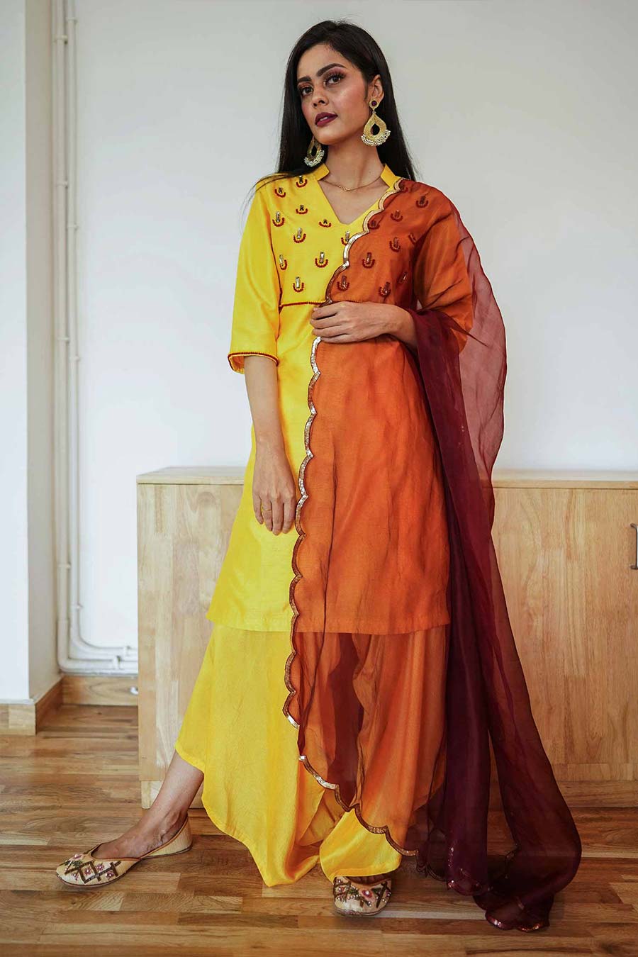 Yellow Silk Kurta and Drape Pant Set