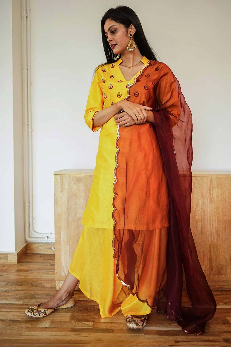 Yellow Silk Kurta and Drape Pant Set