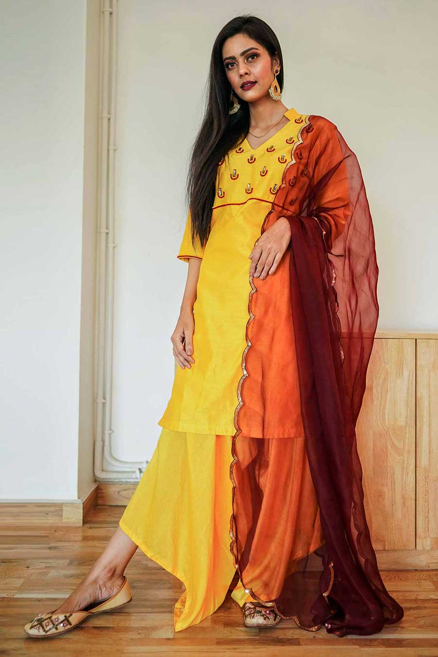 Yellow Silk Kurta and Drape Pant Set