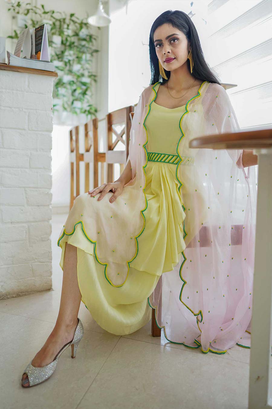 Yellow Silk Drape Dress and Cape Set