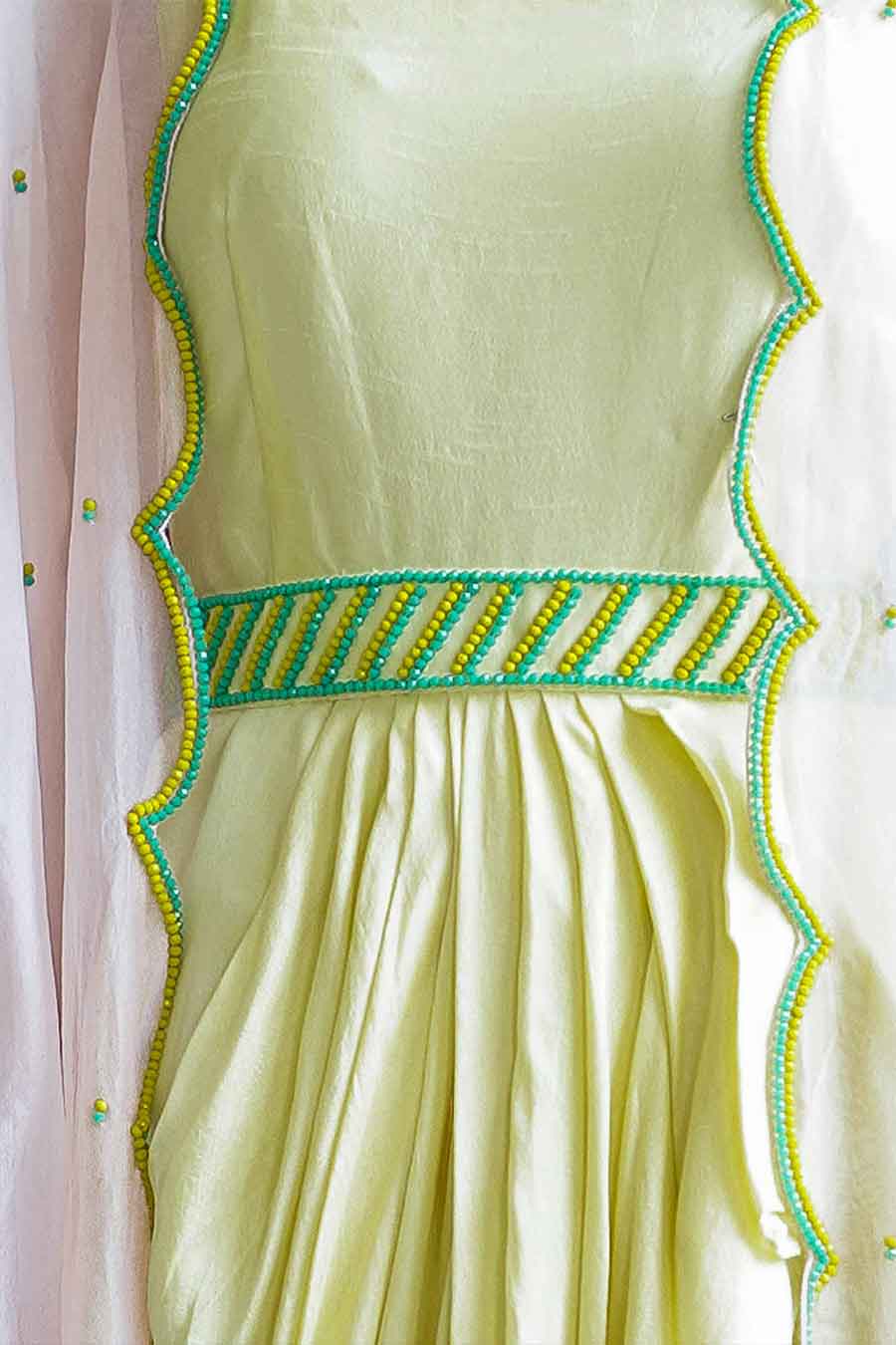 Yellow Silk Drape Dress and Cape Set