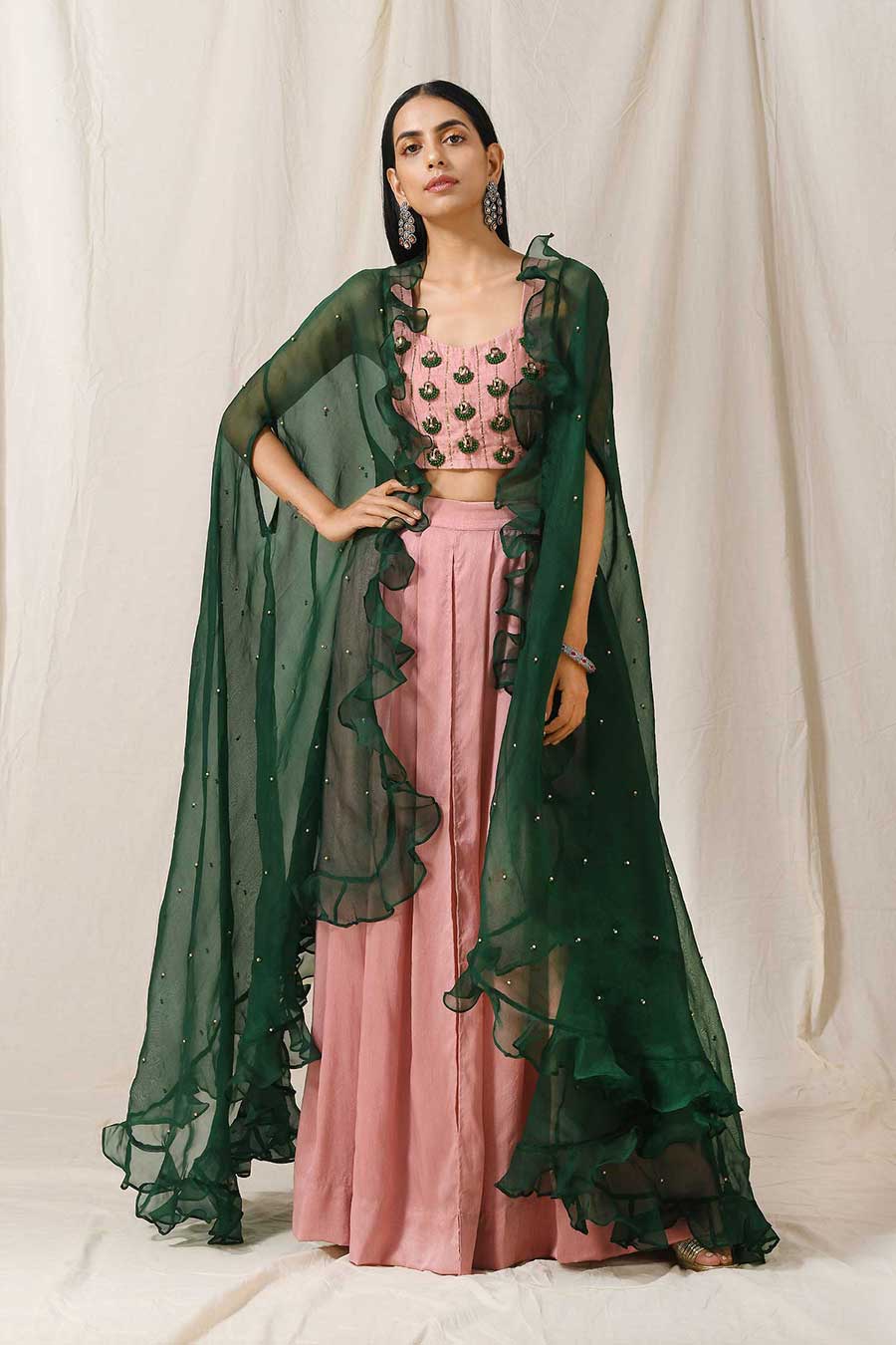 Pink Palazzos & Top Set With Green Overlay