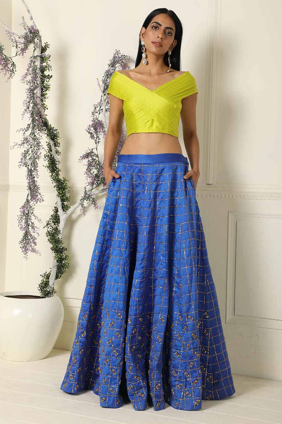 Lime Criss Cross Top and Blue Lehenga Set