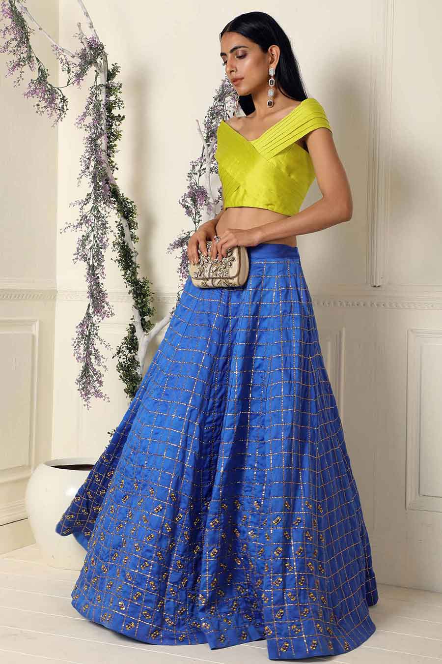 Lime Criss Cross Top and Blue Lehenga Set