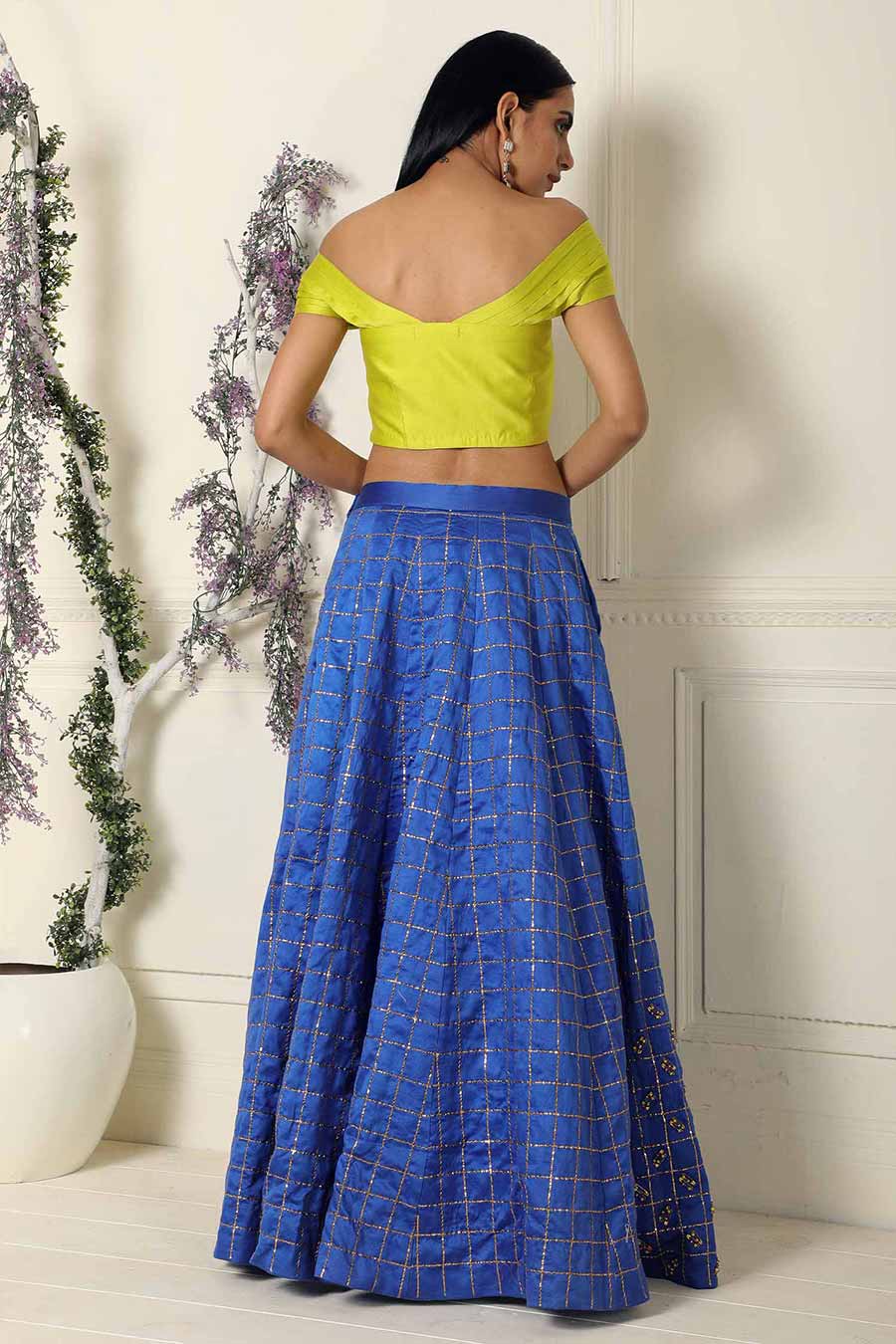 Lime Criss Cross Top and Blue Lehenga Set