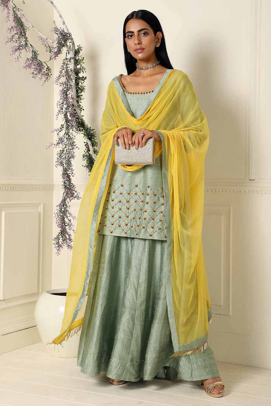 Sage Green Embroidered Silk Sharara Set