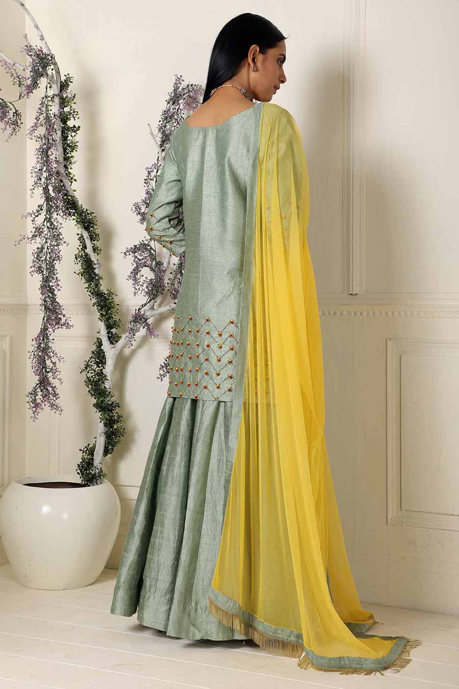 Sage Green Embroidered Silk Sharara Set