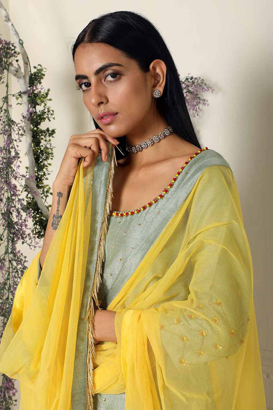 Sage Green Embroidered Silk Sharara Set