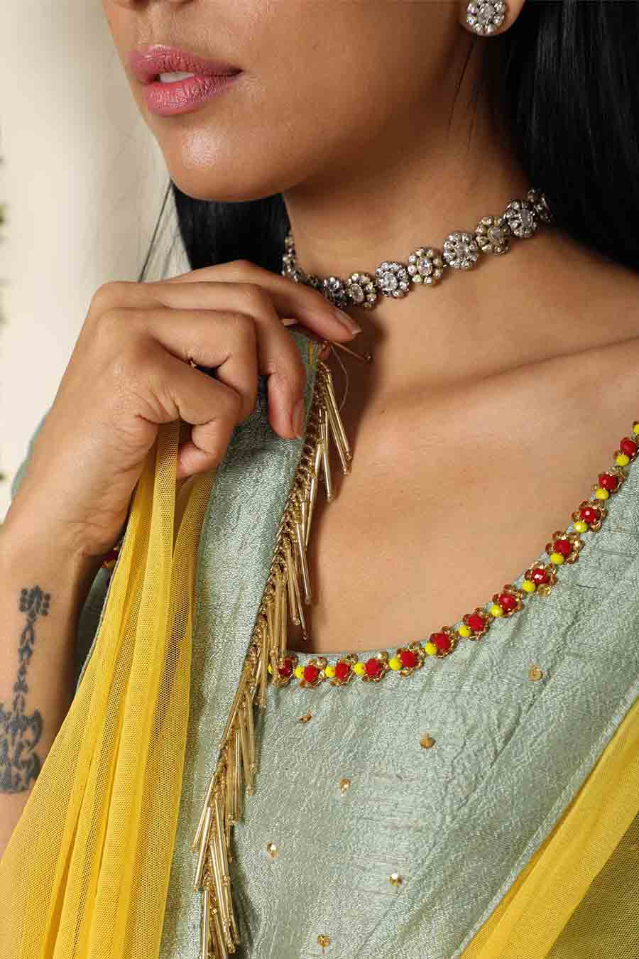Sage Green Embroidered Silk Sharara Set