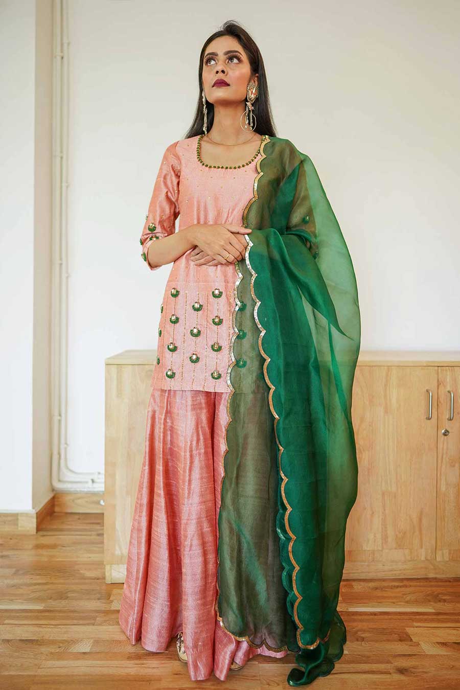 Pink Embroidered Silk Sharara Set