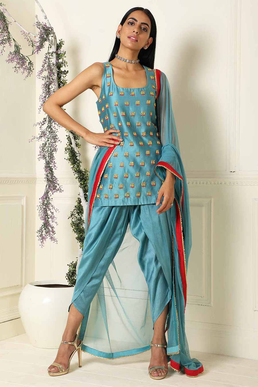 Teal Short Kurta Set with Dhoti & Dupatta