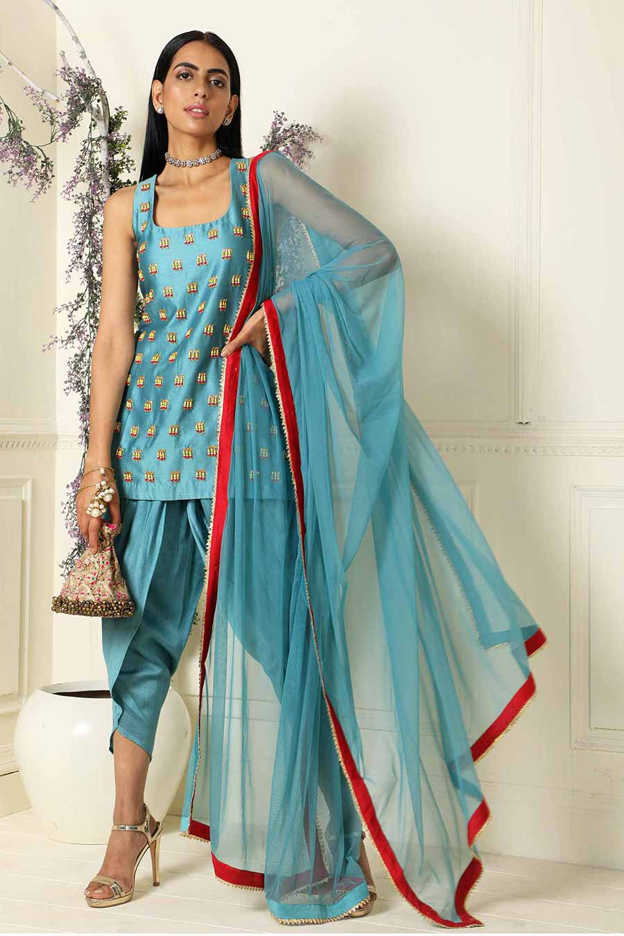 Teal Short Kurta Set with Dhoti & Dupatta