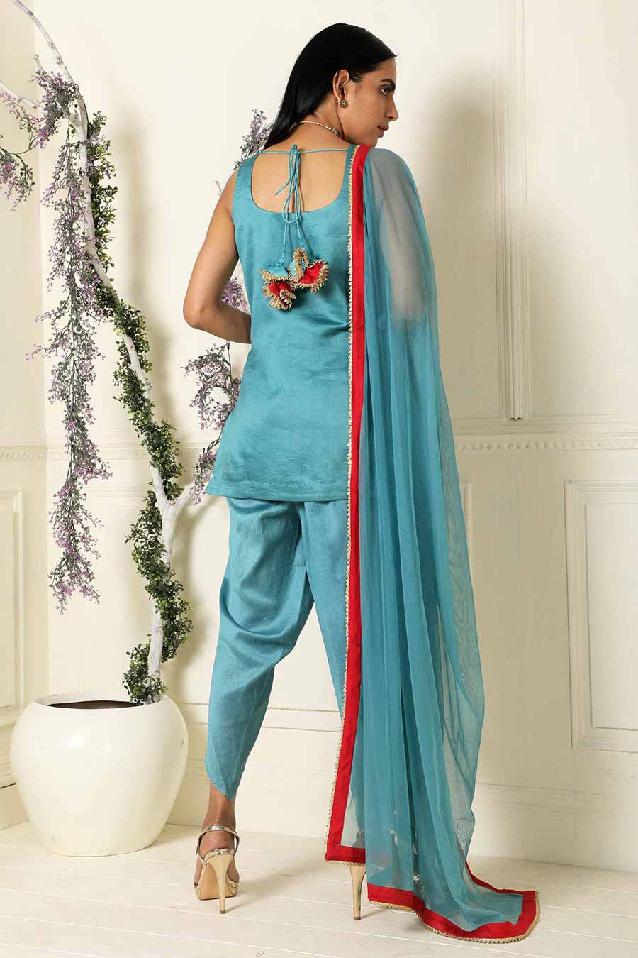 Teal Short Kurta Set with Dhoti & Dupatta
