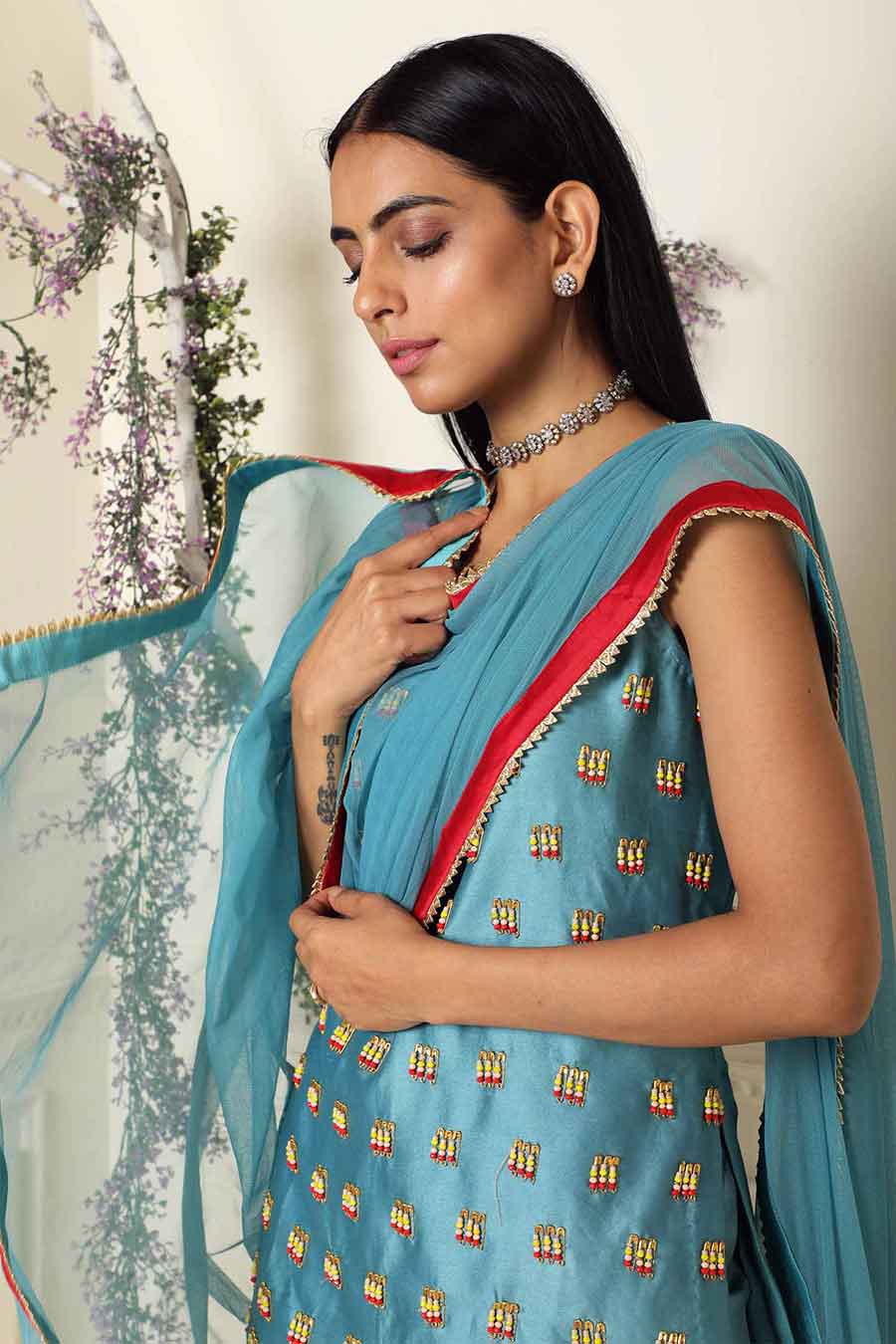 Teal Short Kurta Set with Dhoti & Dupatta