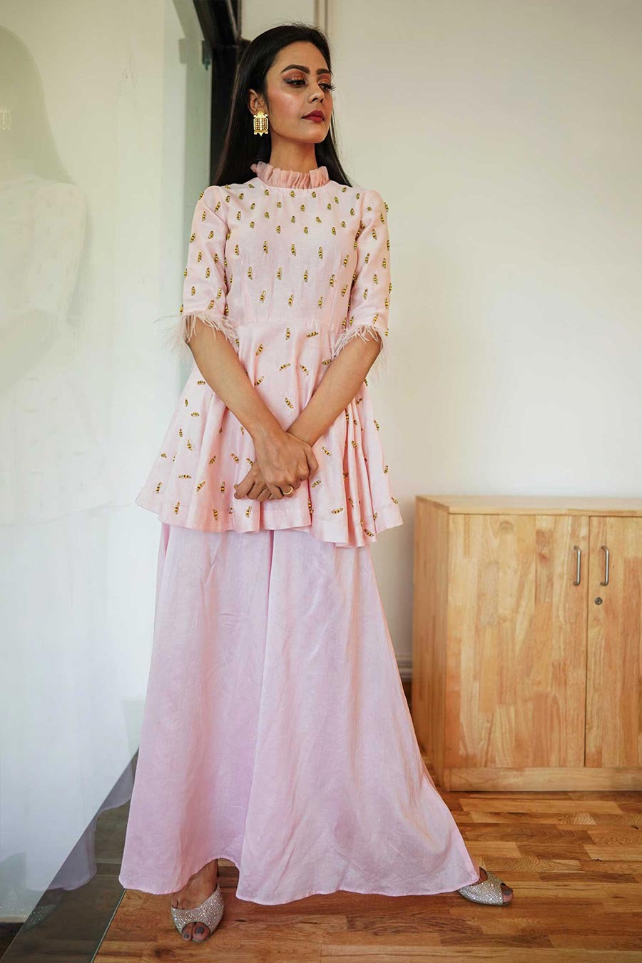 Pink Chanderi Peplum Tunic Palazzo Set
