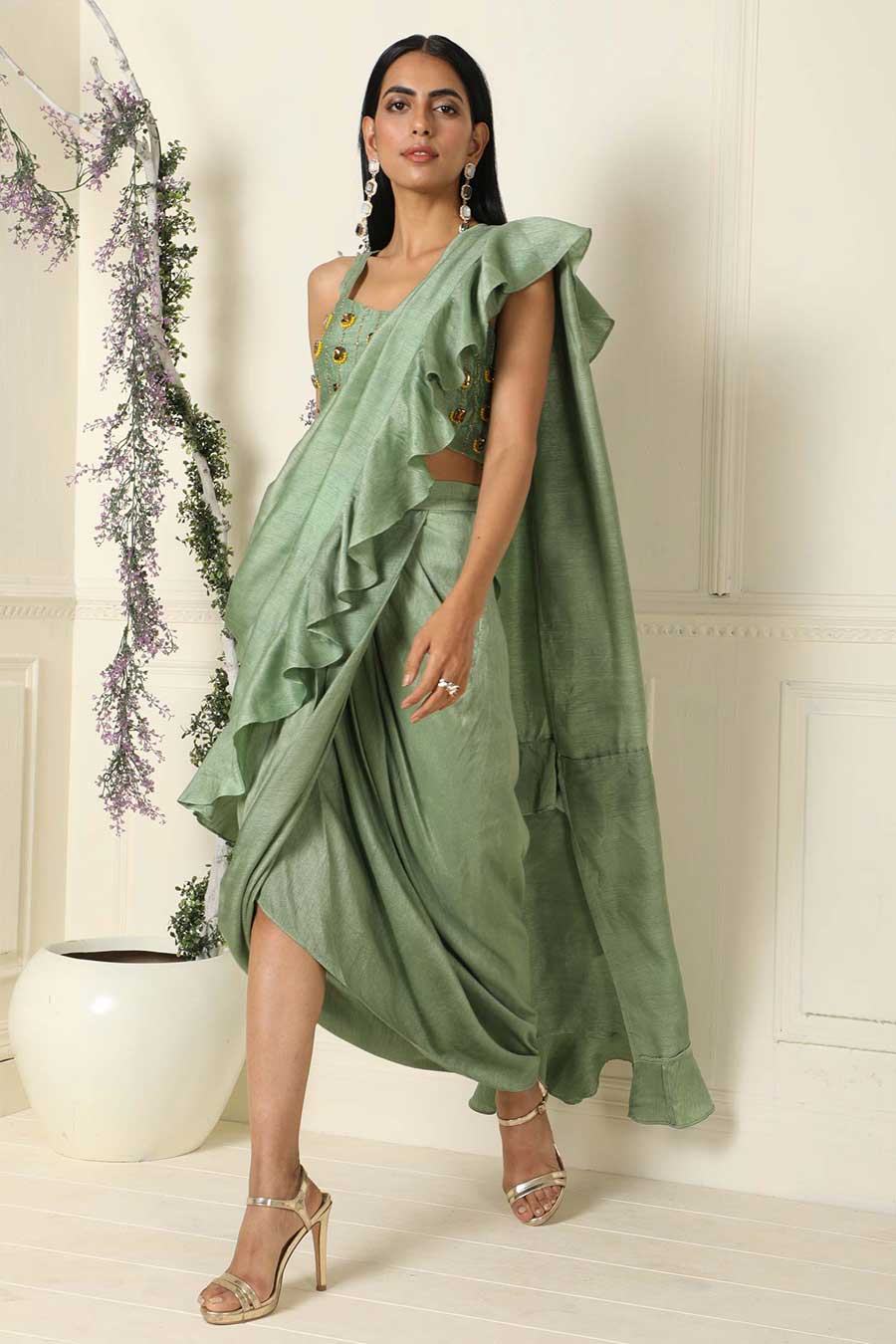 Green Ruffled Pre-Draped Saree with Blouse
