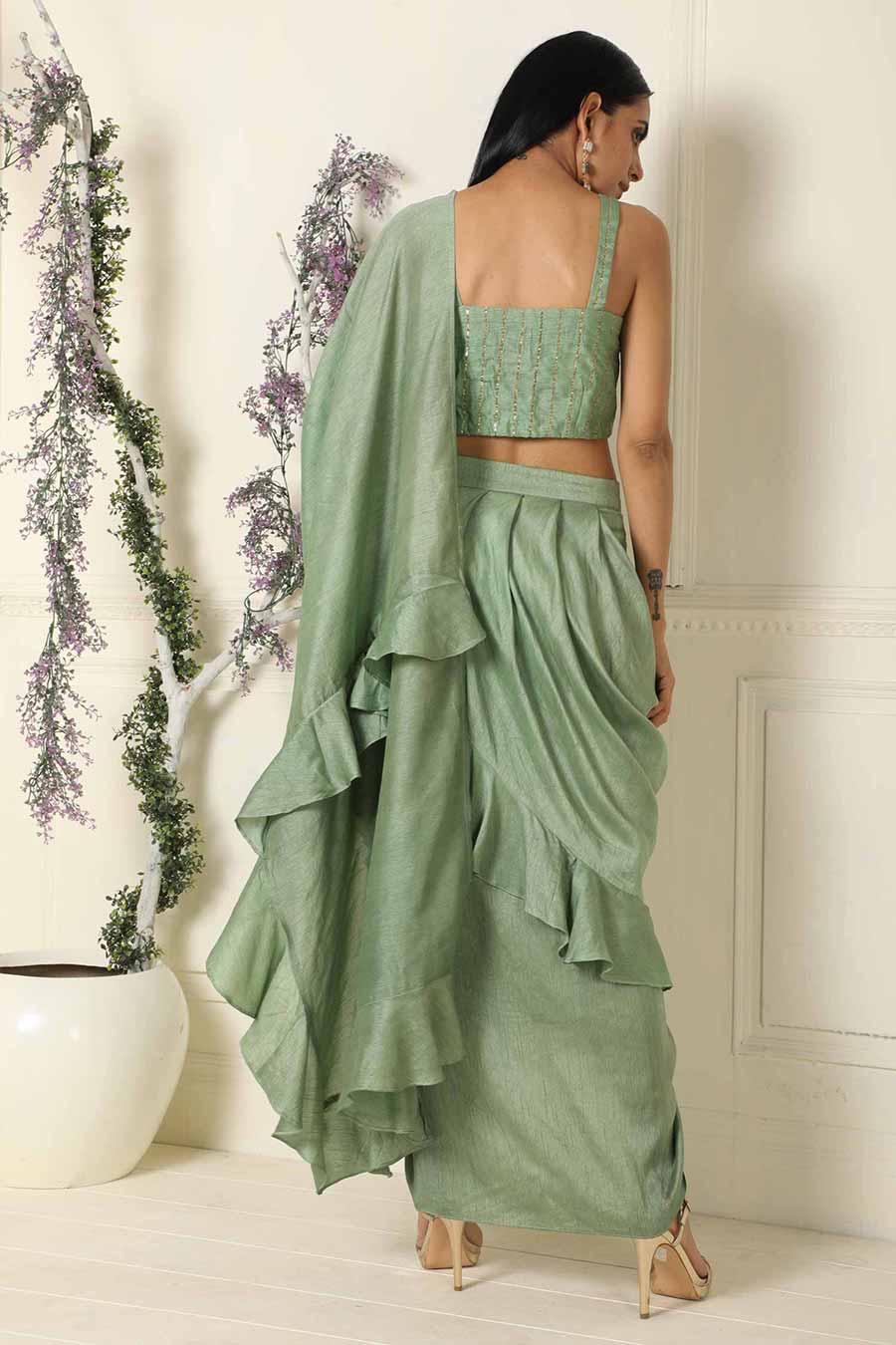 Green Ruffled Pre-Draped Saree with Blouse