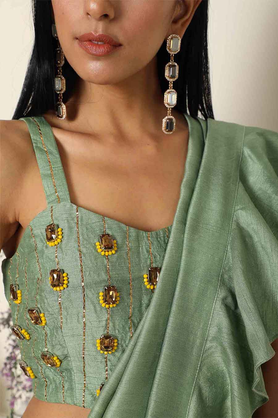 Green Ruffled Pre-Draped Saree with Blouse