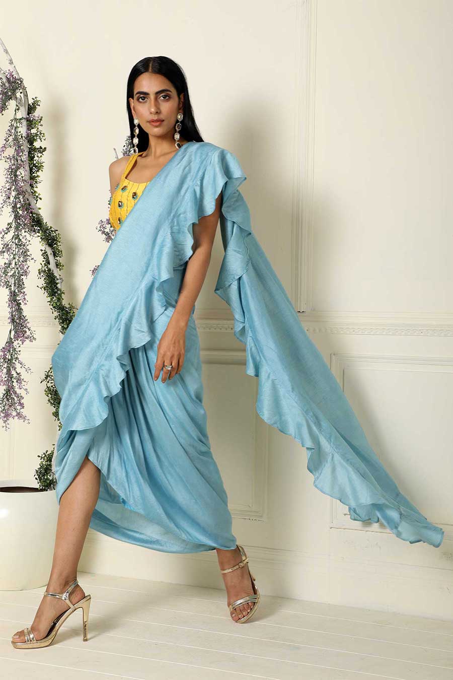 Blue Ruffled Pre-Draped Saree with Blouse