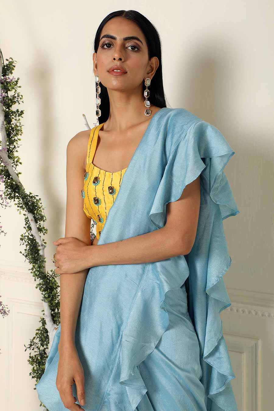 Blue Ruffled Pre-Draped Saree with Blouse