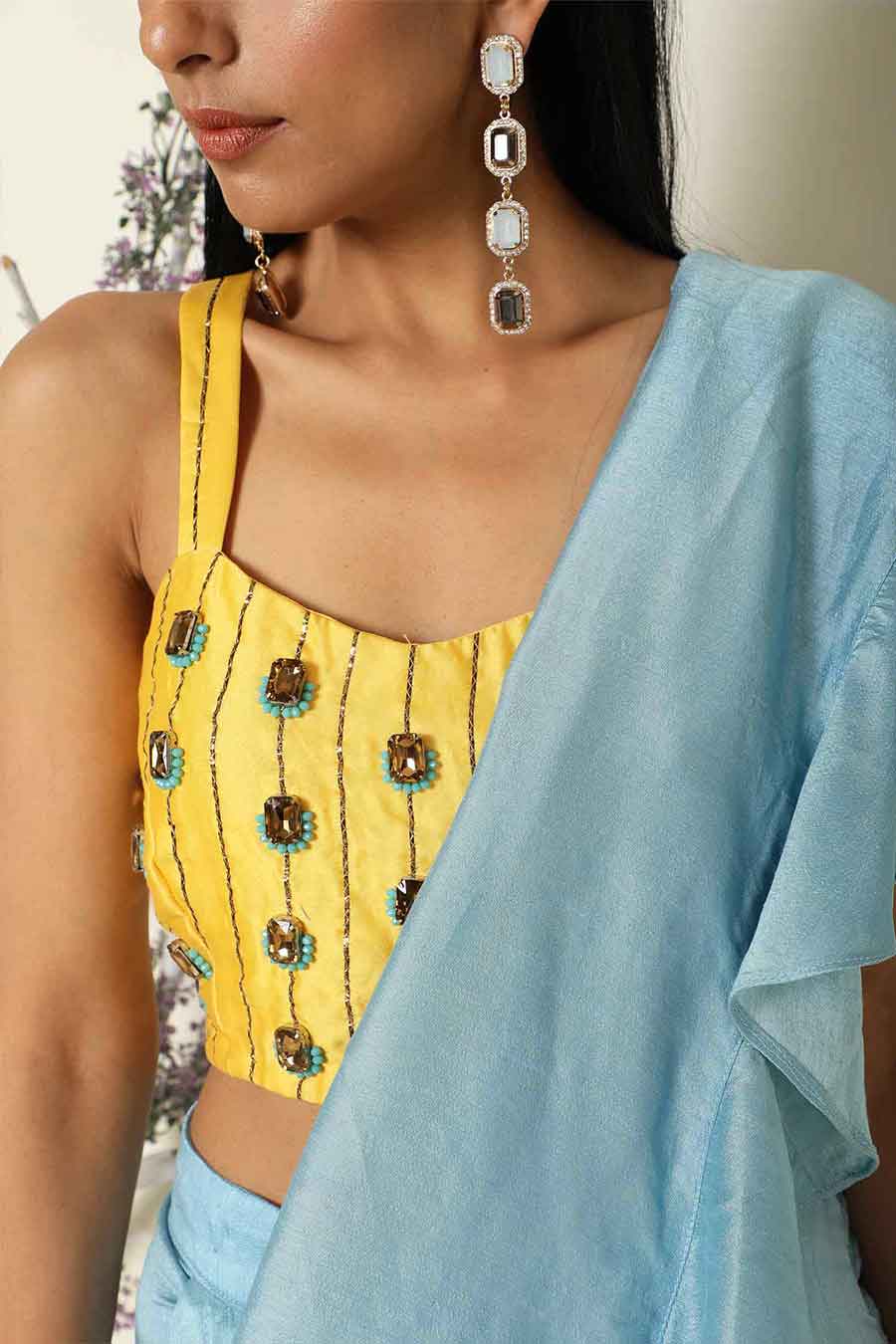Blue Ruffled Pre-Draped Saree with Blouse