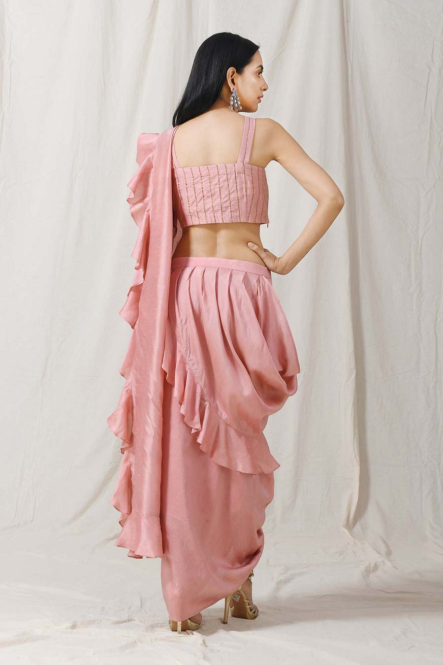 Onion Pink Ruffle Pre-Draped Saree Set