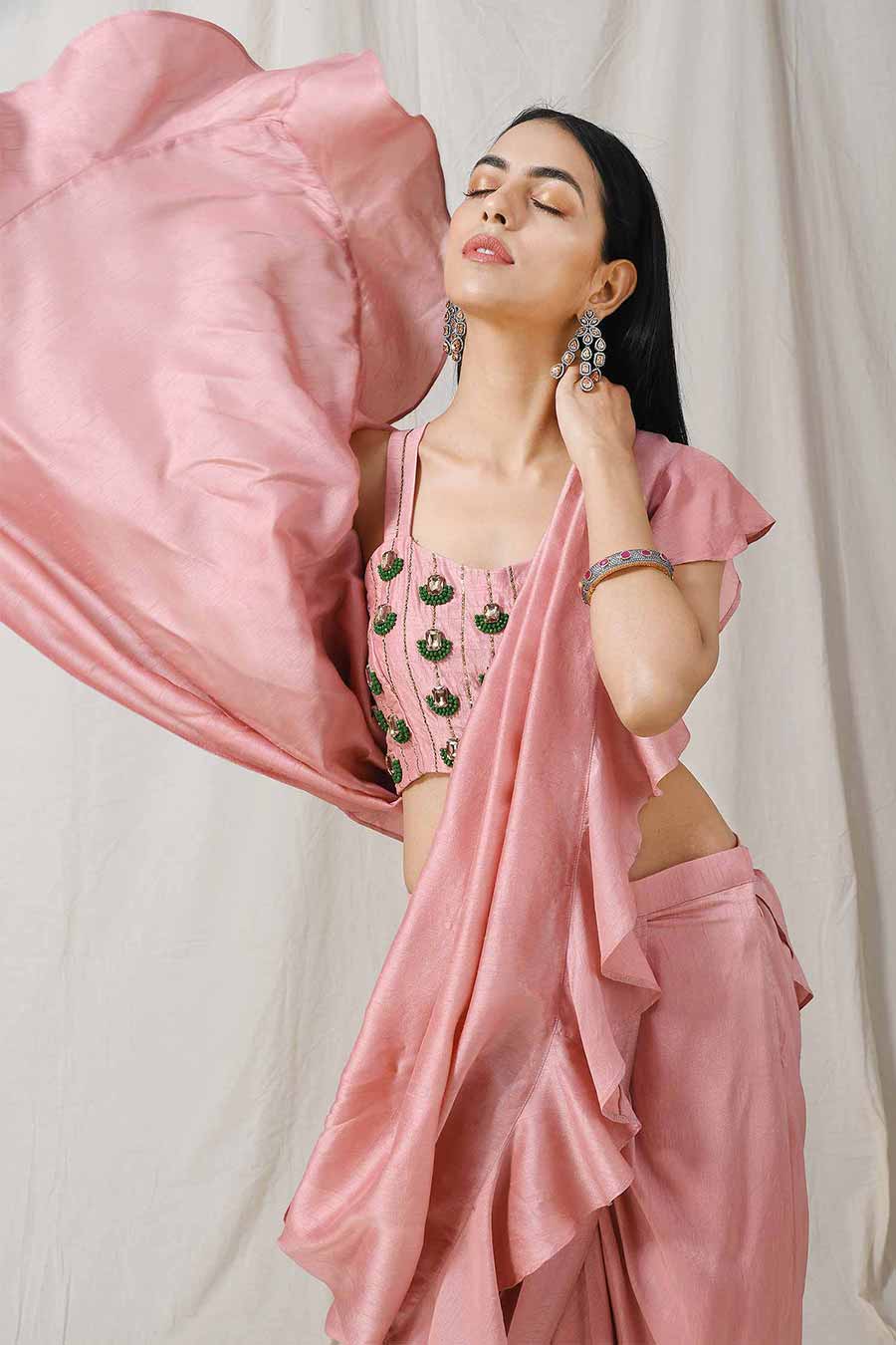 Onion Pink Ruffle Pre-Draped Saree Set
