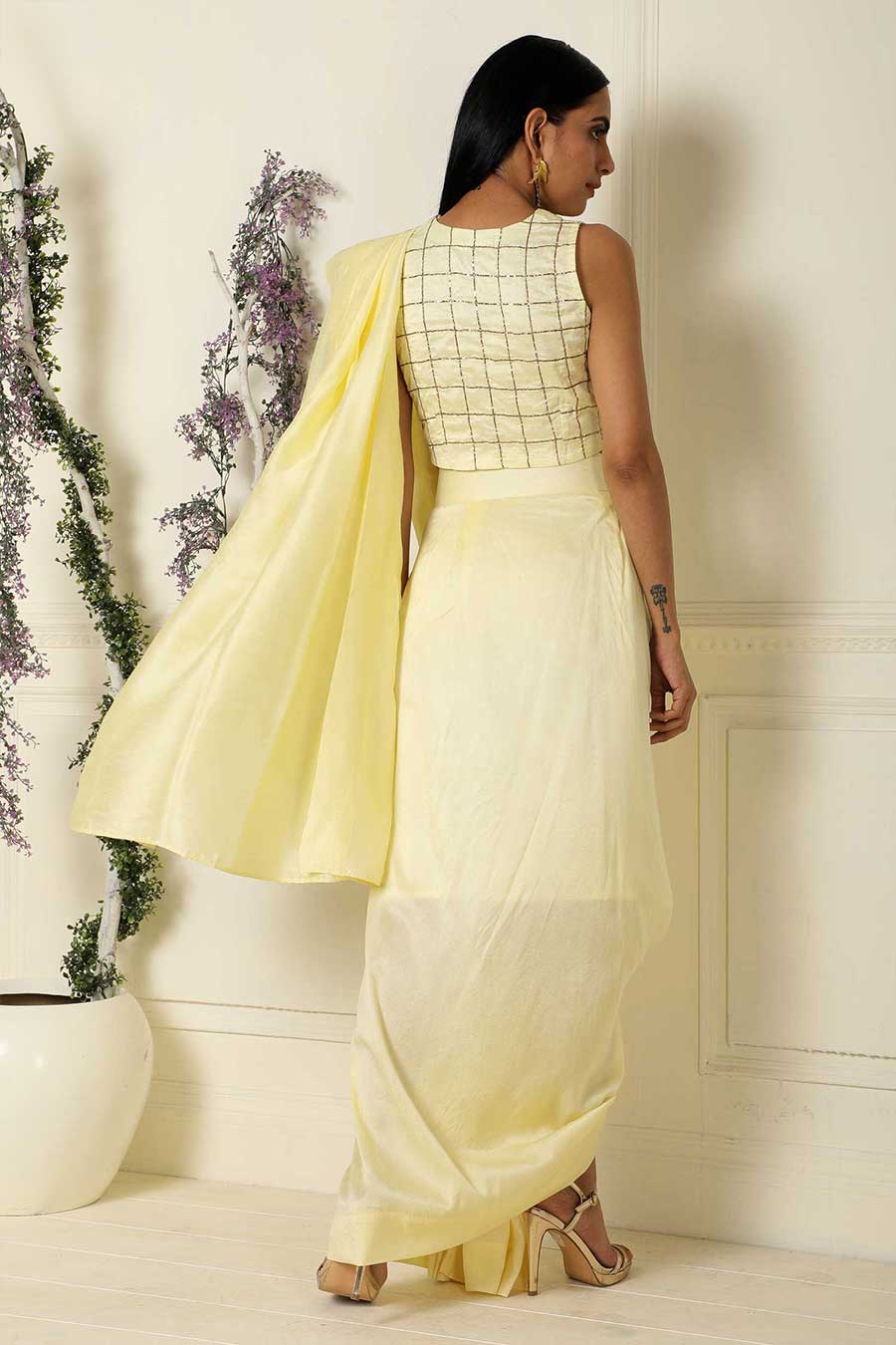 Yellow Pre-Draped Saree with Blouse