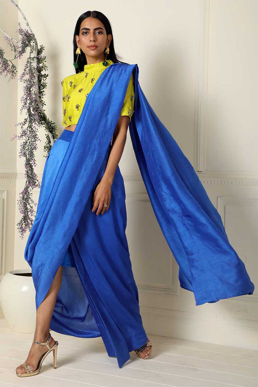 Blue Pre-Draped Saree with Blouse