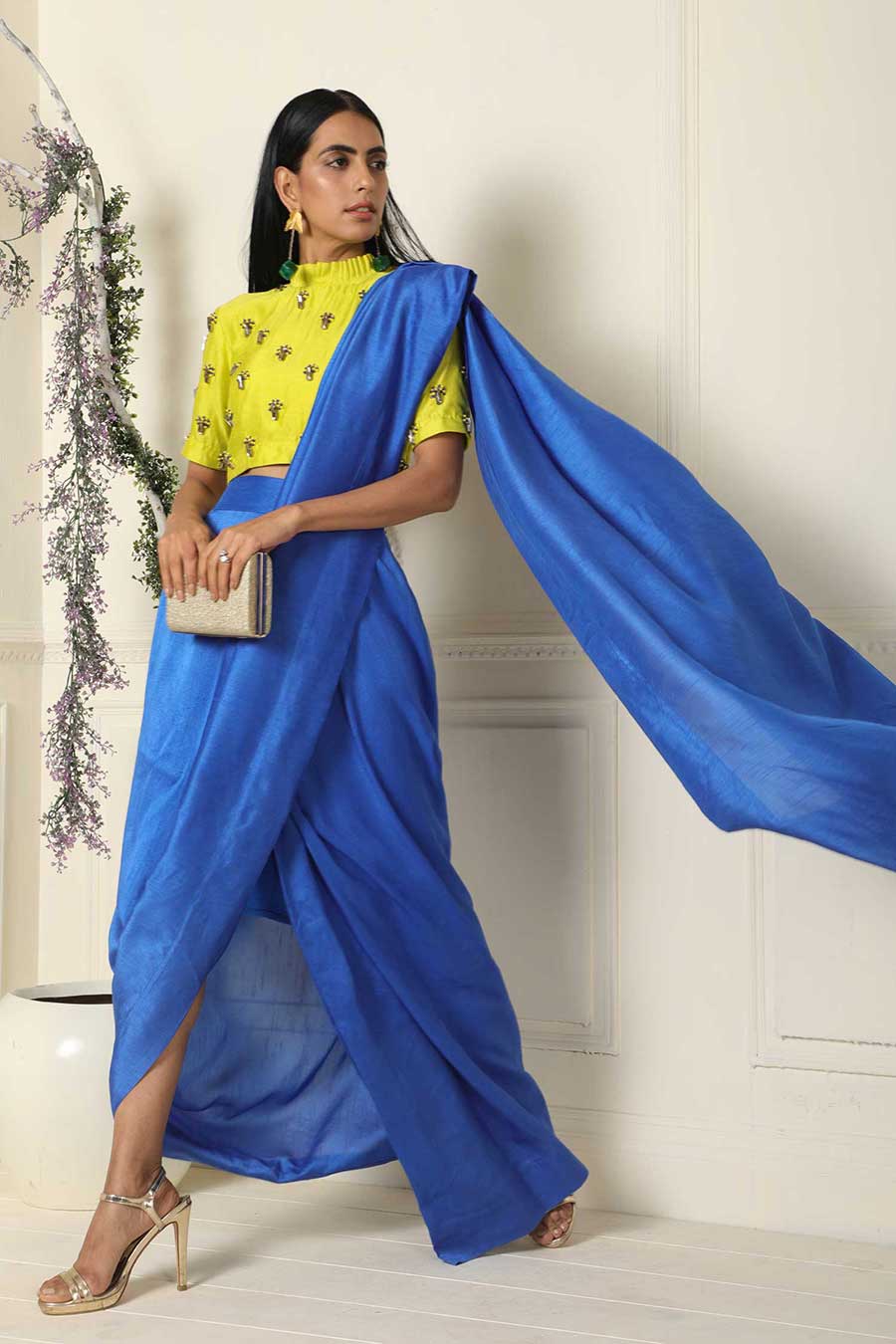 Blue Pre-Draped Saree with Blouse