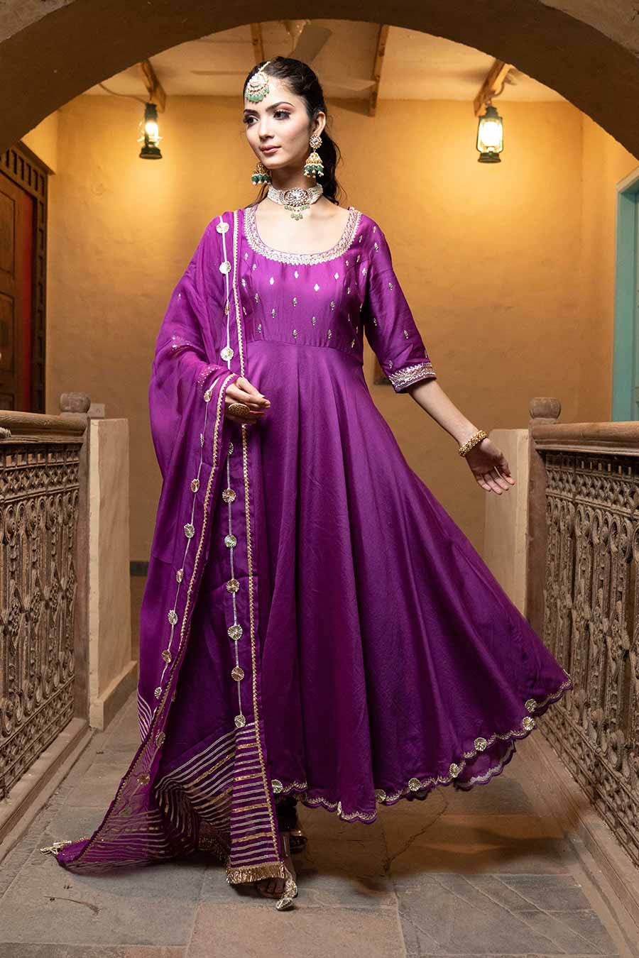 Purple Chanderi Embroidered Anarkali Set