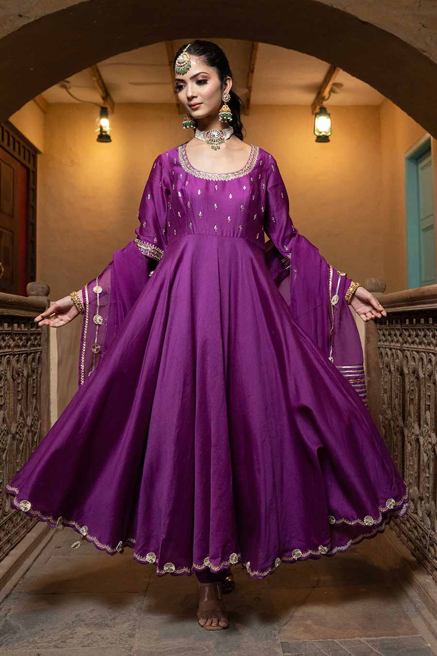 Purple Chanderi Embroidered Anarkali Set