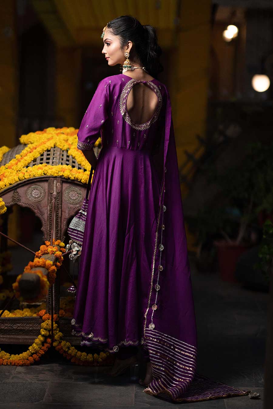 Purple Chanderi Embroidered Anarkali Set