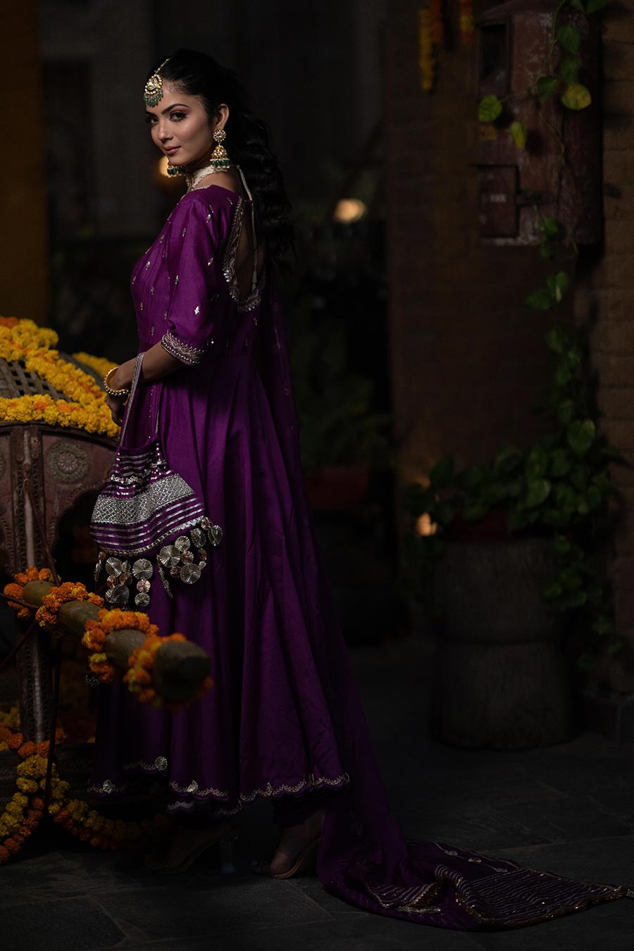 Purple Chanderi Embroidered Anarkali Set