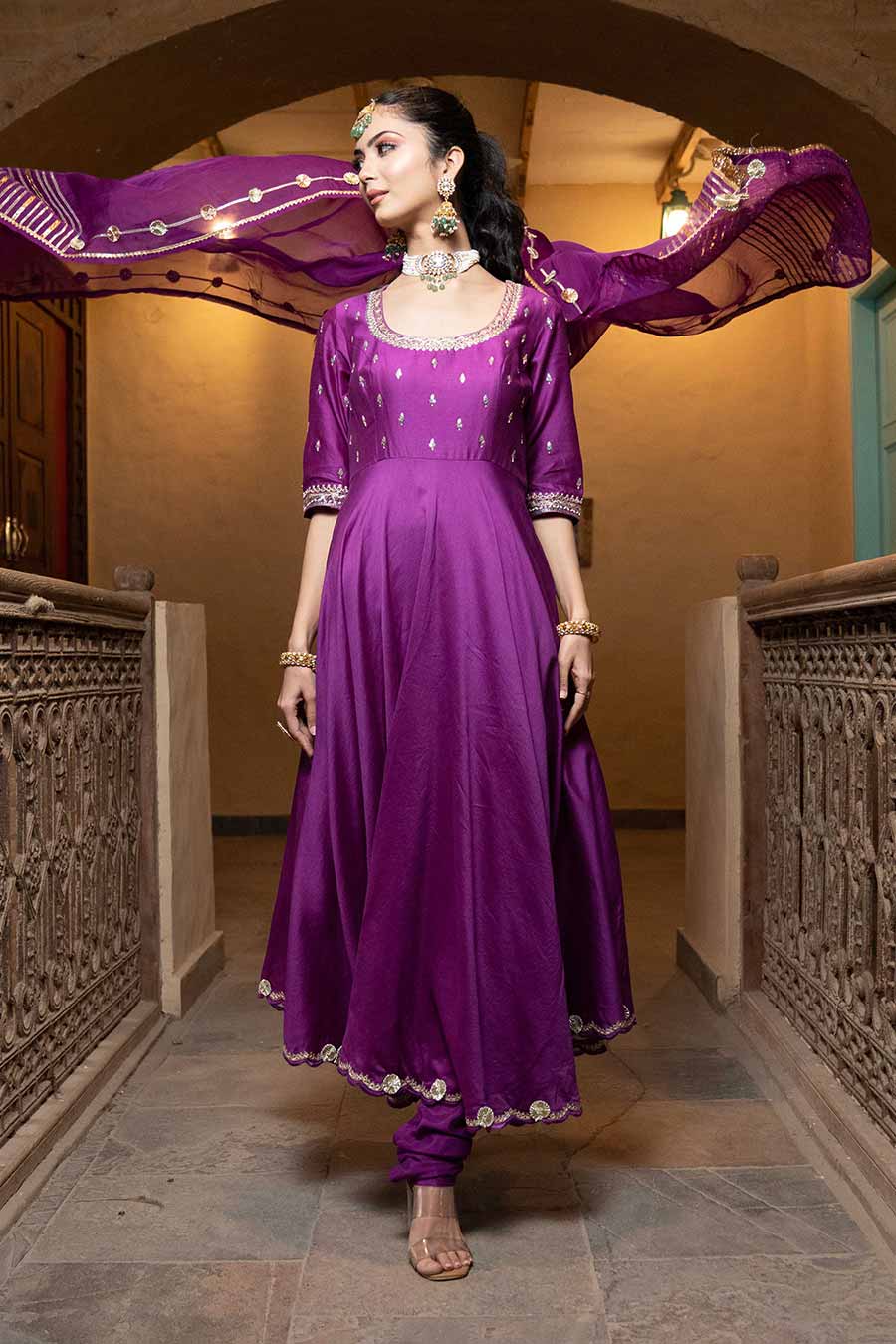 Purple Chanderi Embroidered Anarkali Set