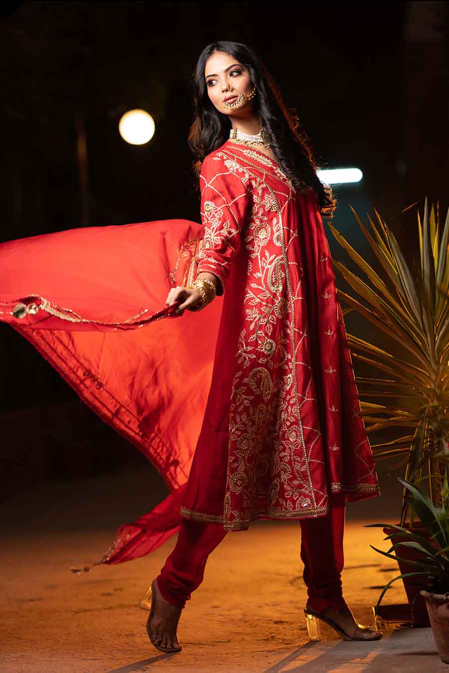 Red Chanderi Embroidered Kurta Set